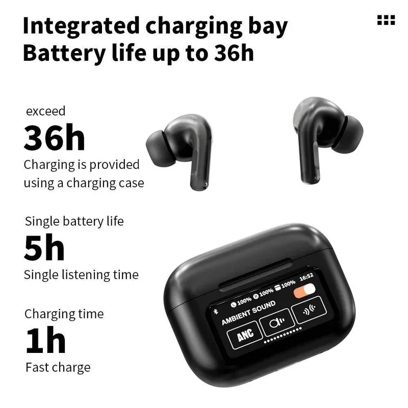 ZENX new LED touchscreen a9pro wireless Bt headphone TWS earphones visible active noise cancellation sport earphone
